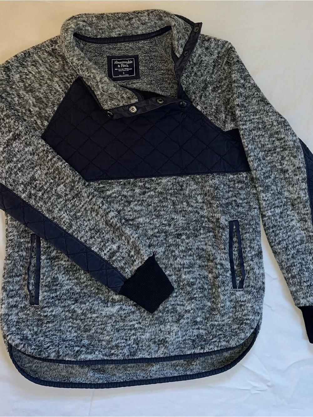 Abercrombie & Fitch Sherpa Fleece Snap Pullover Gray Navy Quilted S